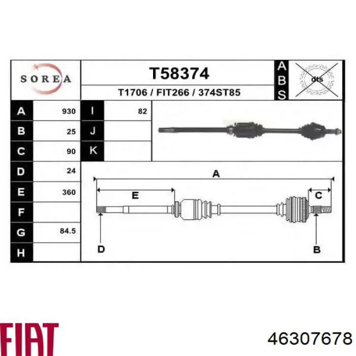 Półoś napędowa przednia prawa Fiat/Alfa/Lancia 46307678 cena, od 120,54 USD