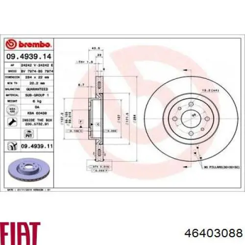 Do koszyka 46403088 Fiat/Alfa/Lancia Tarcza hamulcowa przednia