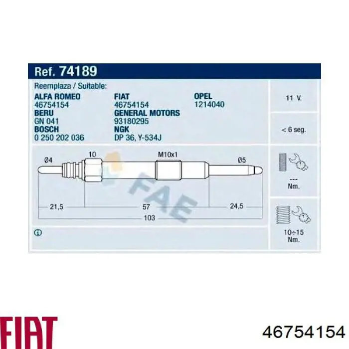 Świeca żarowa Fiat/Alfa/Lancia 46754154 cena, od 19,96 USD