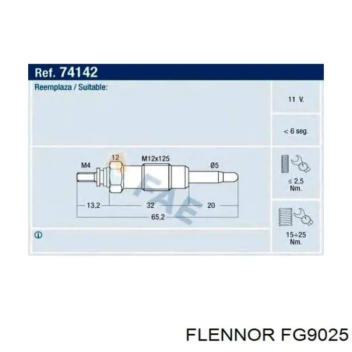 Świeca żarowa Flennor FG9025 cena, od 7,68 USD
