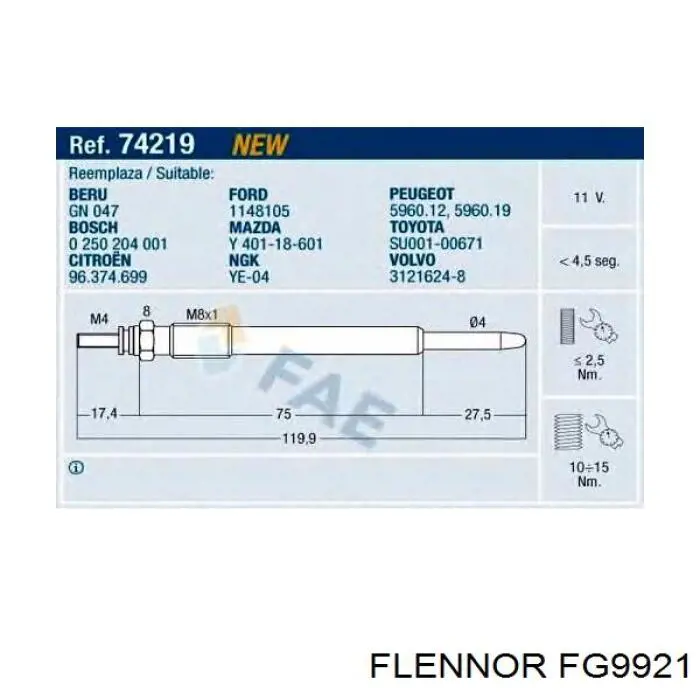 FG9921 Flennor Świeca żarowa