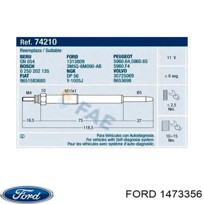 Świeca żarowa Ford 1473356 cena, od 10,47 USD