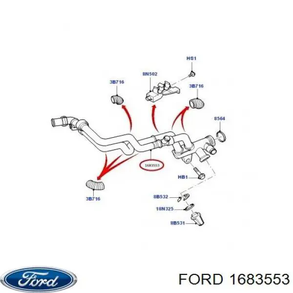 Przewód (króciec) układu chłodzenia Ford 1683553 cena, od 49,24 USD
