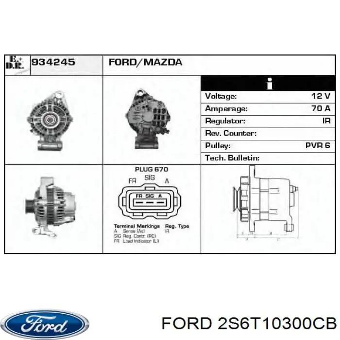 2S6T10300CB Ford Alternator