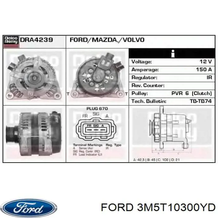 Alternator 3M5T10300YD Ford