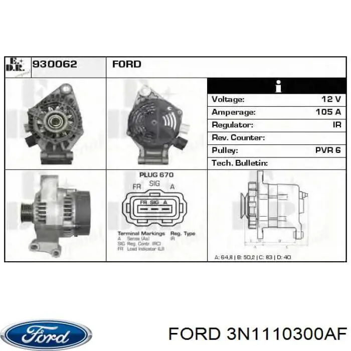 3N1110300AF Ford Alternator