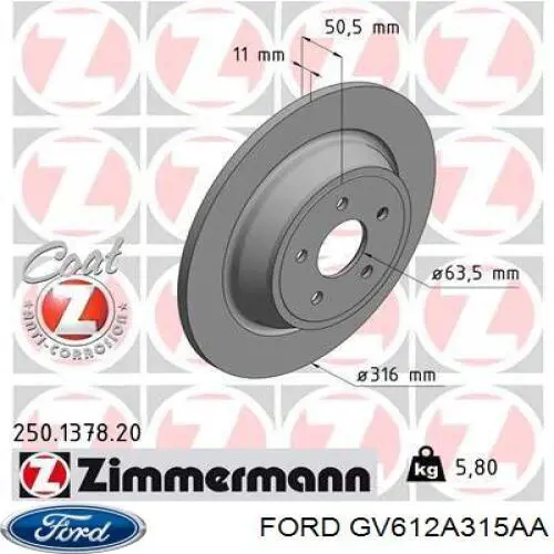 GV612A315AA Ford Tarcza hamulcowa tylna