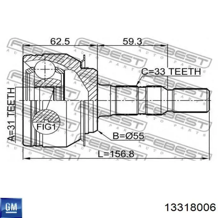 Przegub homokinetyczny przedni zewnętrzny 13318006 General Motors