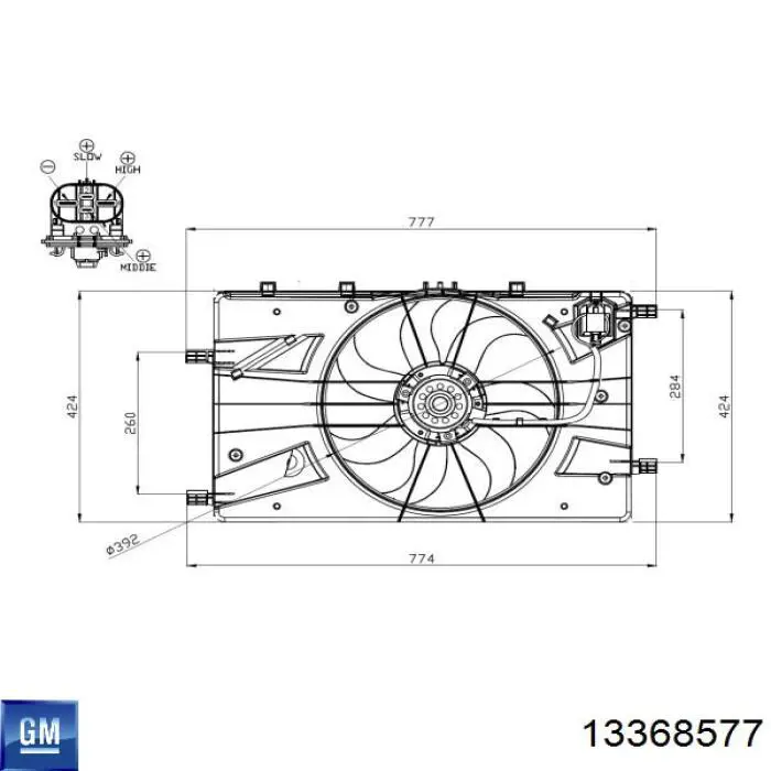 Do koszyka 13368577 General Motors Wentylator elektryczny układu chłodzenia kompletny (silnik+wirnik)