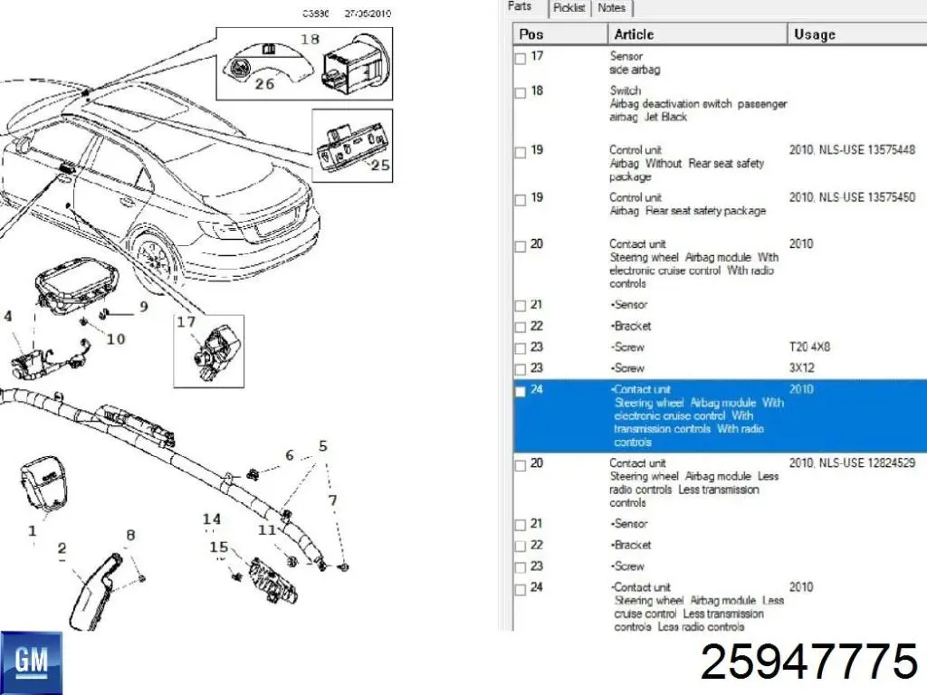 25947775 General Motors Pierścień kontaktowy AIRBAG, taśma kierownicy
