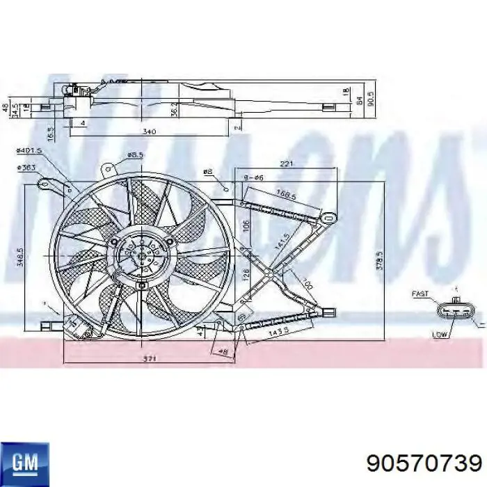 Wentylator elektryczny układu chłodzenia kompletny (silnik+wirnik) General Motors 90570739