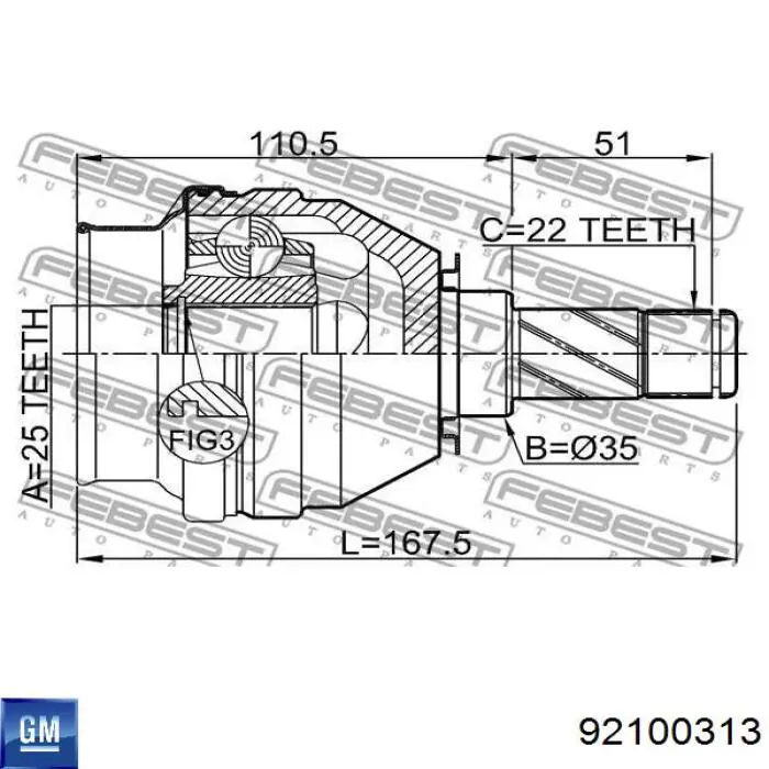 92100313 General Motors przegub homokinetyczny przedni wewnętrzny