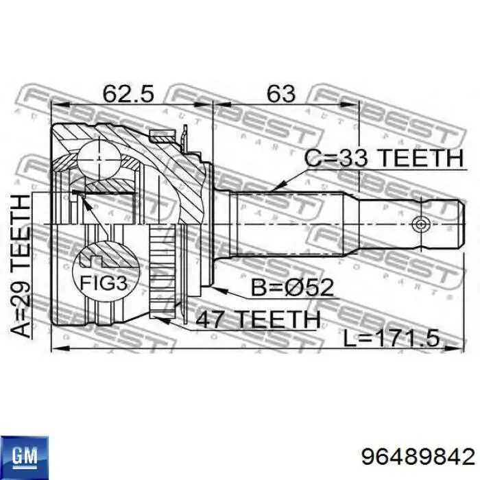 Przegub homokinetyczny przedni zewnętrzny 96489842 General Motors