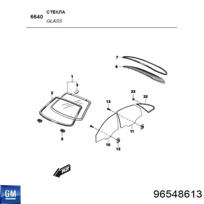 96548613 General Motors szyba drzwi lewych przednich