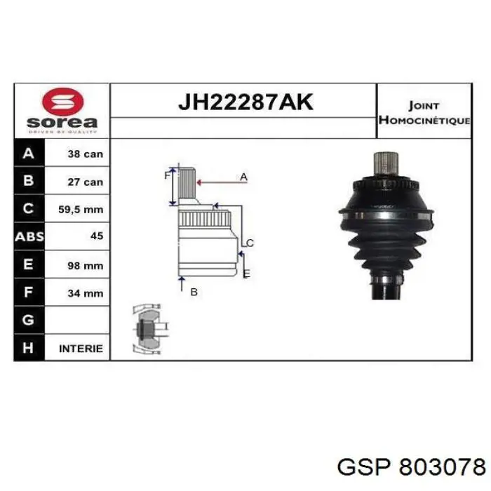 Przegub homokinetyczny przedni zewnętrzny GSP 803078 cena, od 43,93 USD
