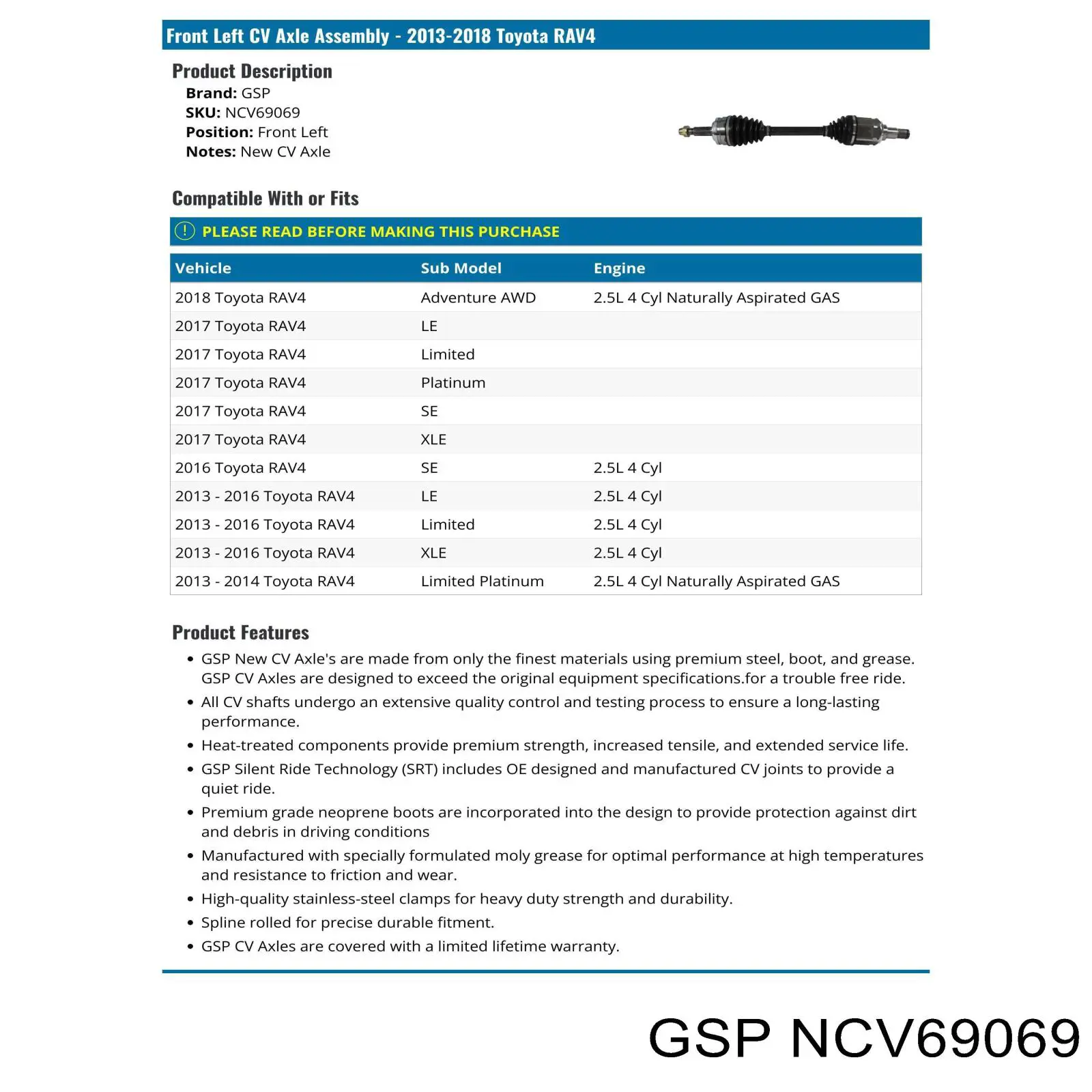 Półoś napędowa przednia lewa GSP NCV69069 cena, od 126,22 USD