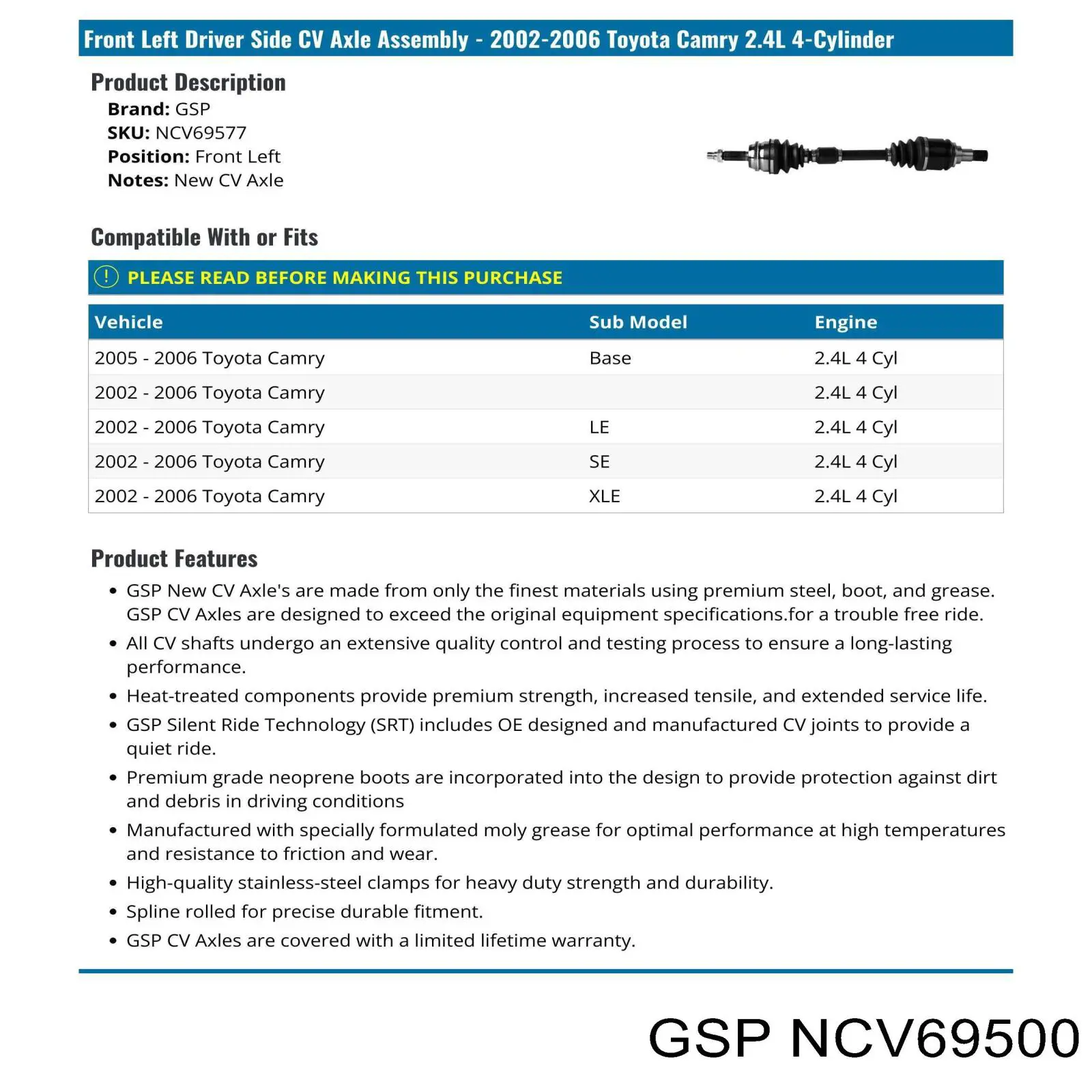 Do koszyka NCV69500 GSP Półoś napędowa przednia lewa