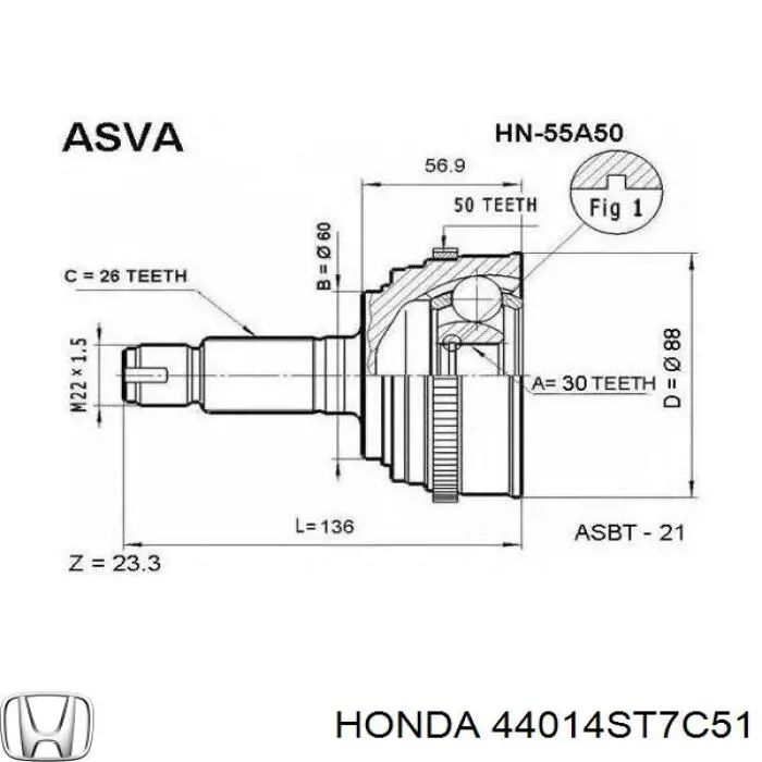 Przegub homokinetyczny przedni zewnętrzny Honda 44014ST7C51 cena, od 43,30 USD