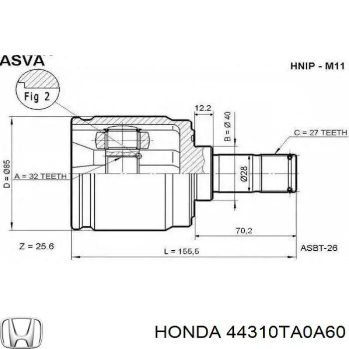 44310TA0A60 Honda Przegub homokinetyczny wewnętrzny przedni lewy