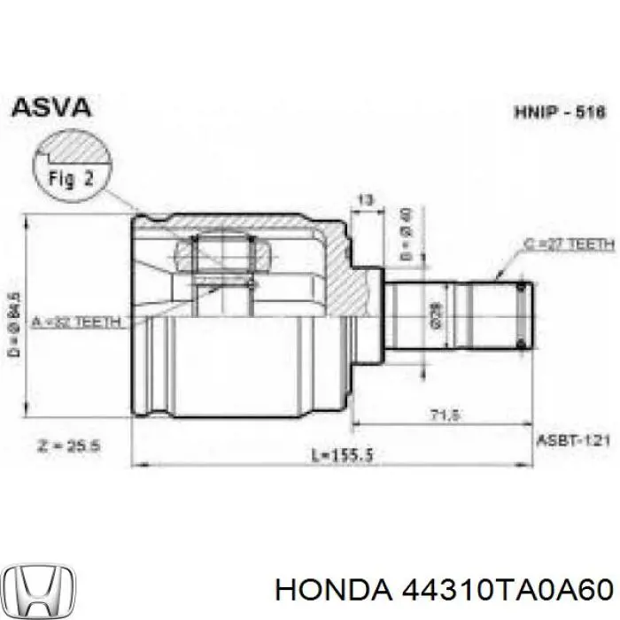 Przegub homokinetyczny wewnętrzny przedni lewy Honda 44310TA0A60 cena, od 43,39 USD