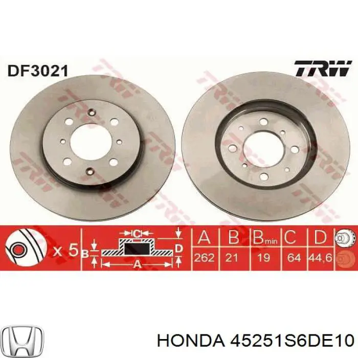 Do koszyka 45251S6DE10 Honda Tarcza hamulcowa przednia