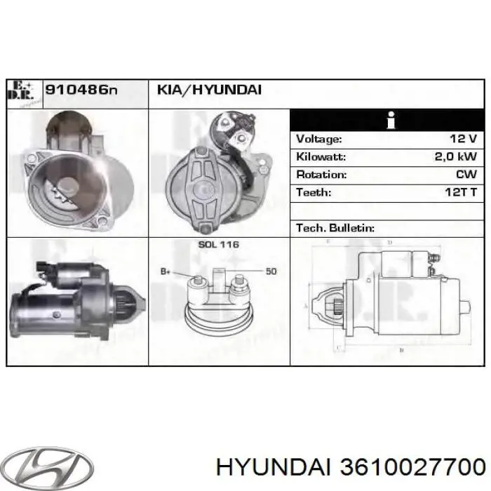 Rozrusznik Hyundai/Kia 3610027700 cena, od 132,12 USD