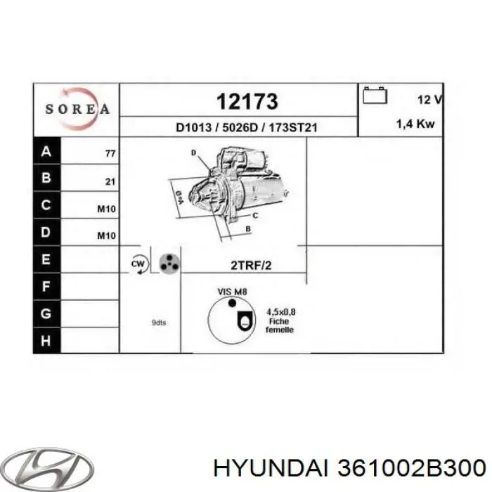 Rozrusznik Hyundai/Kia 361002B300 cena, od 135,04 USD