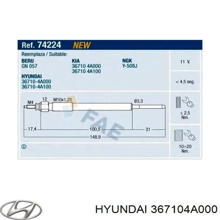 Świeca żarowa Hyundai/Kia 367104A000 cena, od 28,08 USD