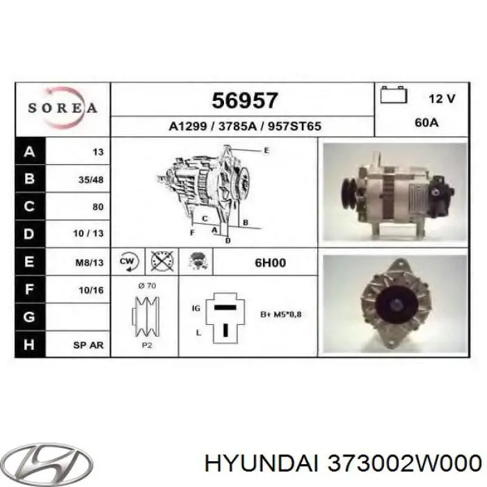 Alternator Hyundai/Kia 373002W001 cena, od 137,39 USD