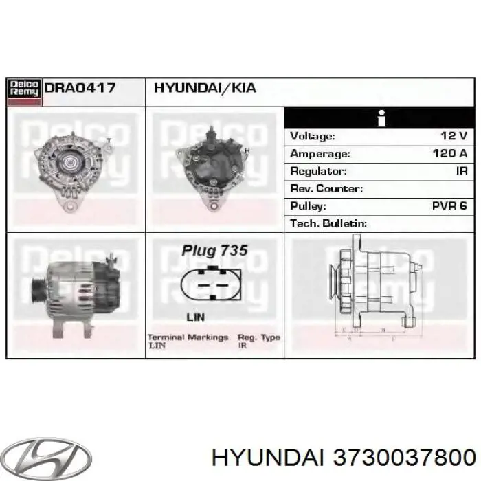3730037800 Hyundai/Kia Alternator