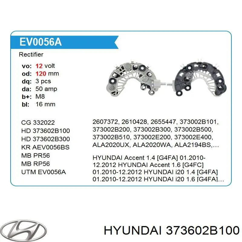 Mostek prostowniczy alternatora = Moster diodowy alternatora 373602B100 Hyundai/Kia