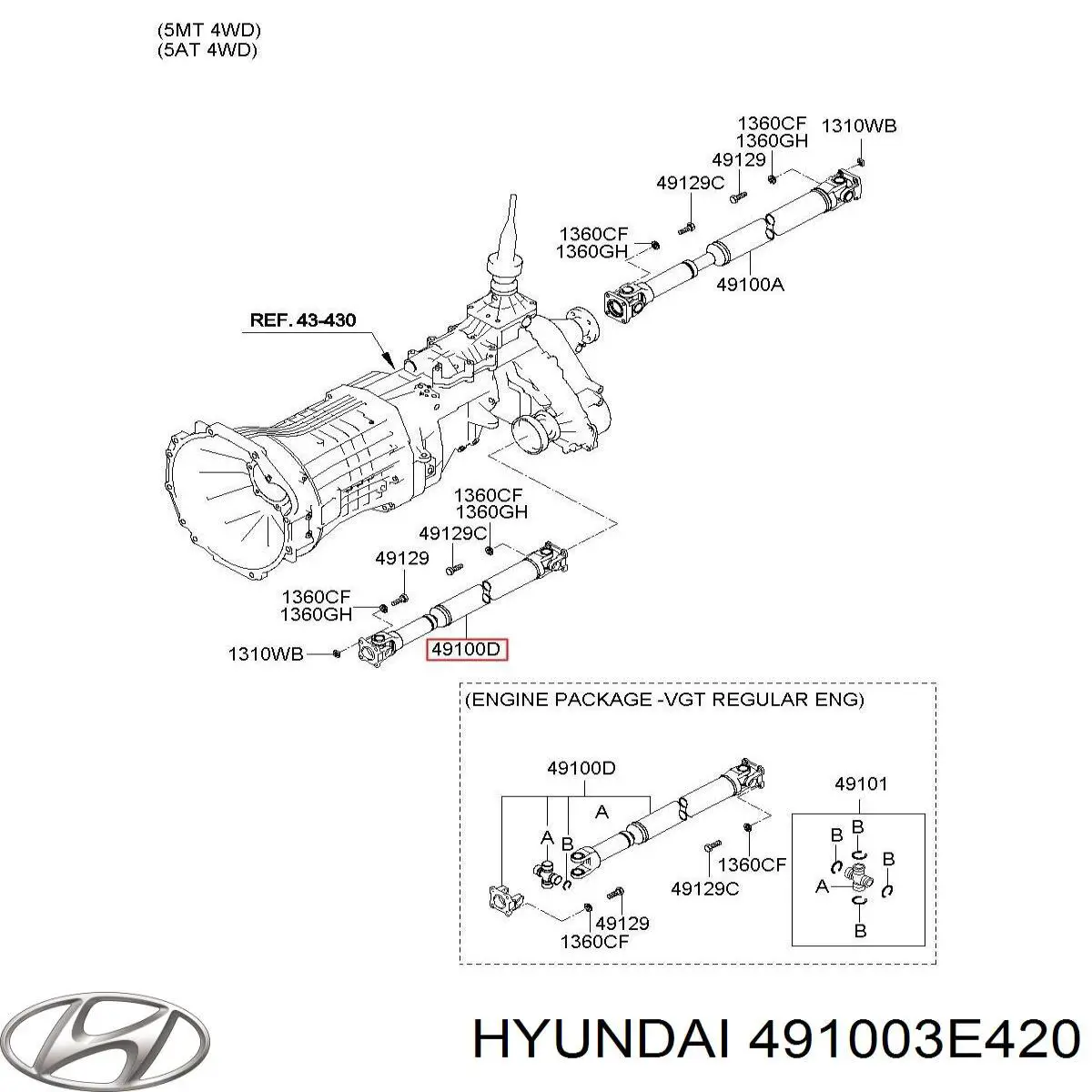 491003E420 Hyundai/Kia Wał Cardana, do mostu przedniego
