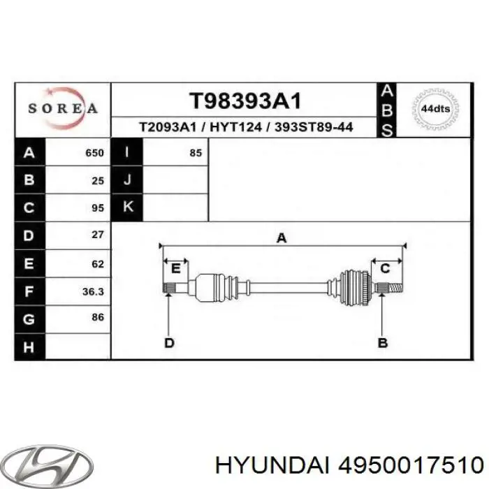 Półoś napędowa przednia lewa Hyundai/Kia 4950017510