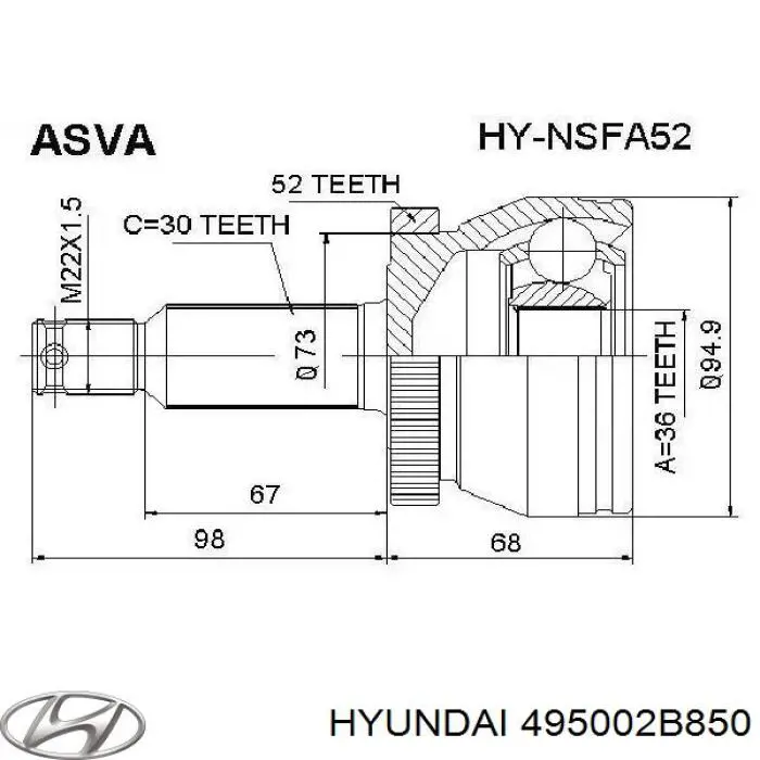 495002B850 Hyundai/Kia Półoś napędowa przednia lewa