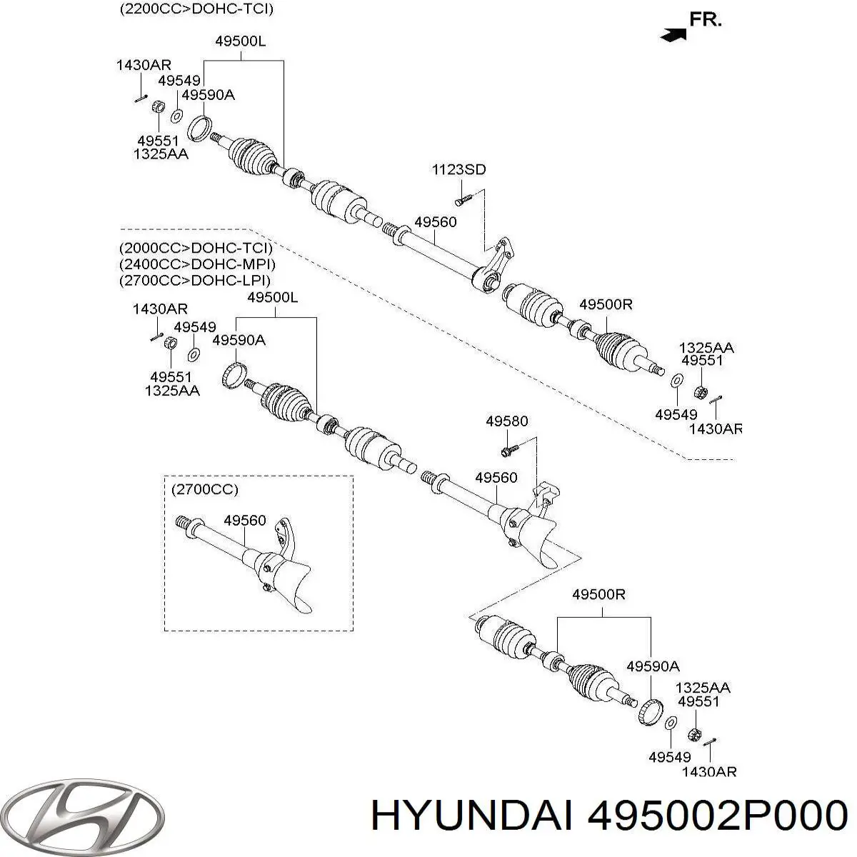 Do koszyka 495002P000 Hyundai/Kia Półoś napędowa przednia lewa
