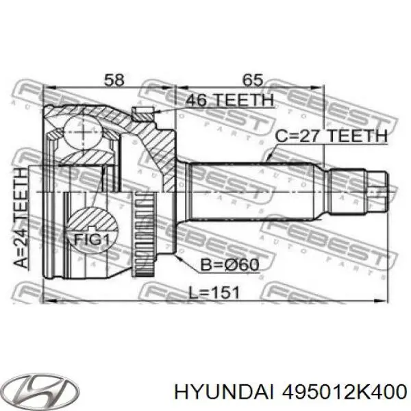 Przegub homokinetyczny przedni zewnętrzny Hyundai/Kia 495012K400 cena, od 49,23 USD