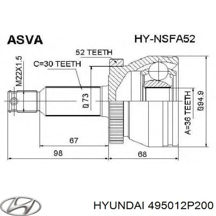 Przegub homokinetyczny przedni zewnętrzny Hyundai/Kia 495012P200 cena, od 41,57 USD