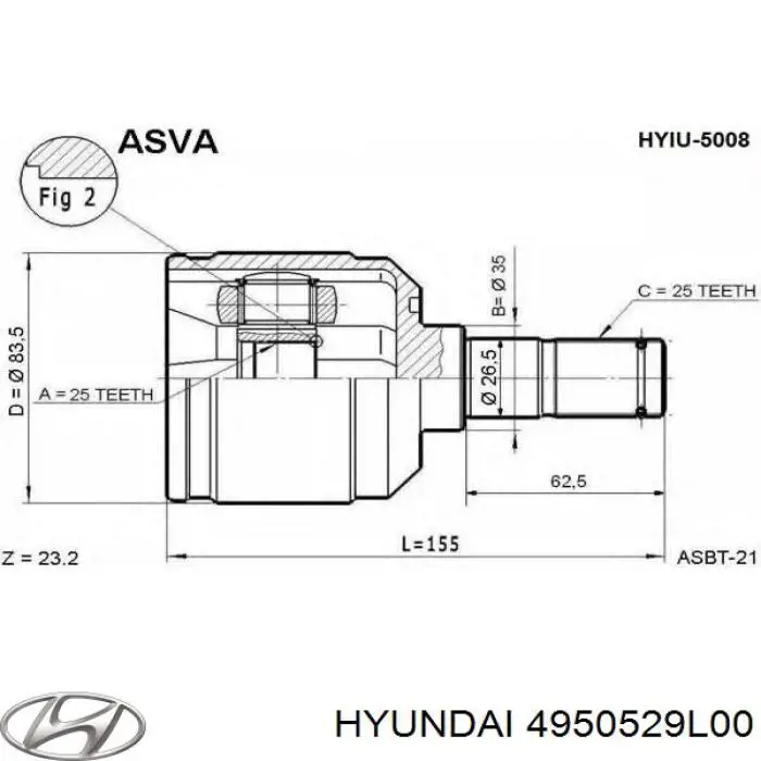 Do koszyka 4950529L00 Hyundai/Kia Przegub homokinetyczny przedni wewnętrzny