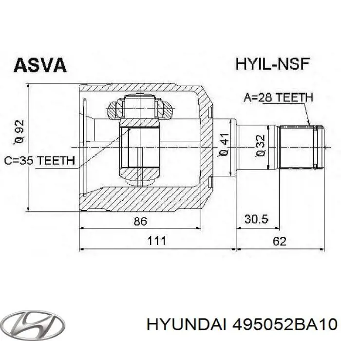 Przegub homokinetyczny wewnętrzny przedni lewy Hyundai/Kia 495052BA10 cena, od 62,63 USD