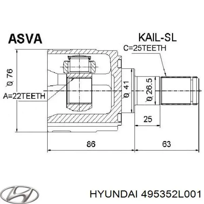 Do koszyka 495352L001 Hyundai/Kia Przegub homokinetyczny wewnętrzny przedni prawy