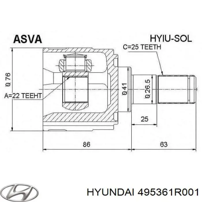 Przegub homokinetyczny wewnętrzny przedni lewy Hyundai/Kia 495361R001 cena, od 39,80 USD