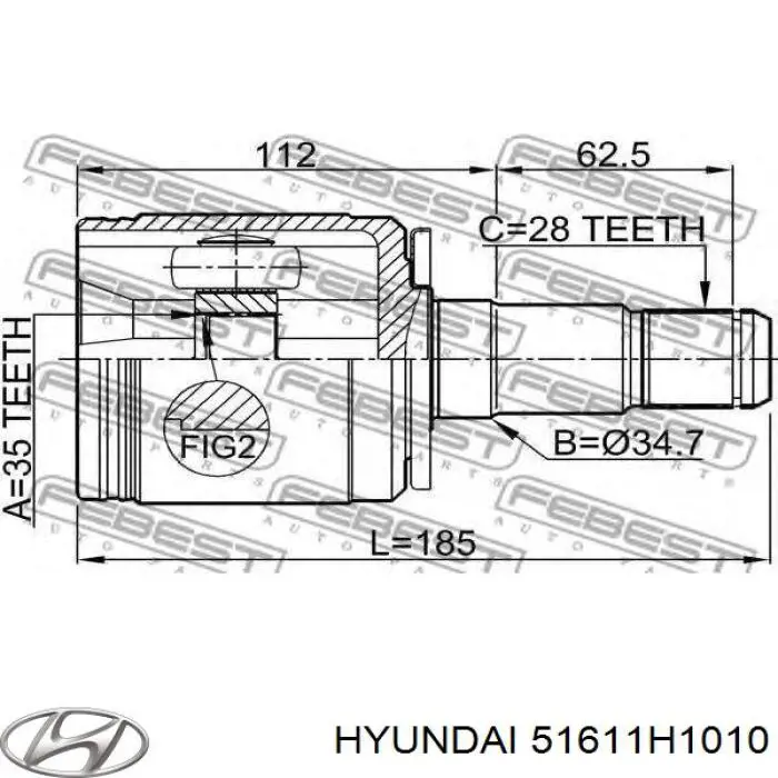 Do koszyka 51611H1010 Hyundai/Kia Przegub homokinetyczny wewnętrzny przedni lewy