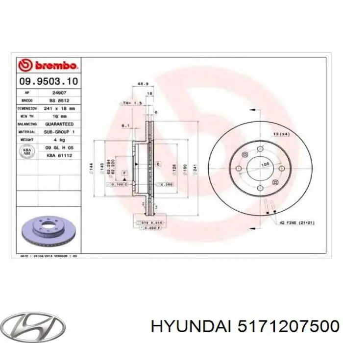 Do koszyka 5171207500 Hyundai/Kia Tarcza hamulcowa przednia