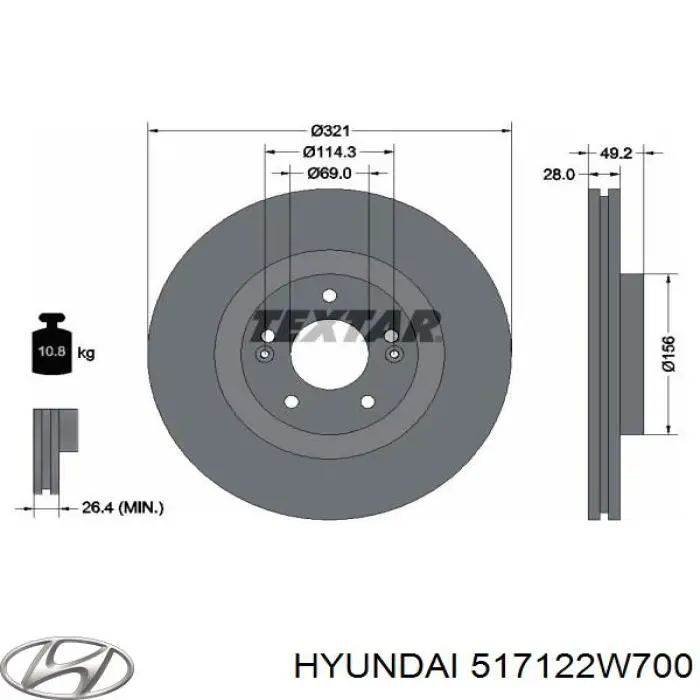 Do koszyka 517122W700 Hyundai/Kia Tarcza hamulcowa przednia