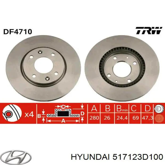 Tarcza hamulcowa przednia Hyundai/Kia 517123D100 cena, od 57,77 USD