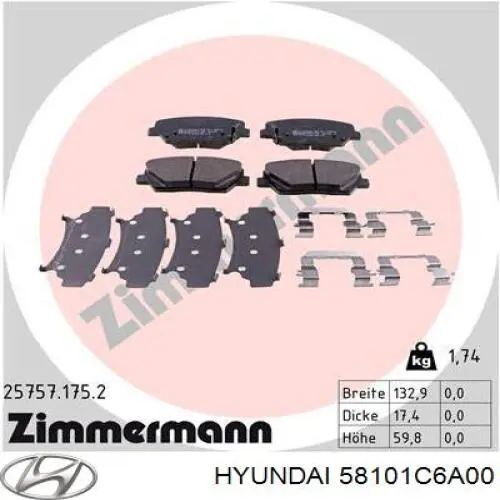 Klocki hamulcowe przednie tarczowe 58101C6A00 Hyundai/Kia
