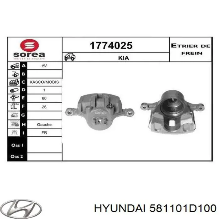 Zacisk hamulcowy przedni lewy Hyundai/Kia 581101D100 cena, od 66,40 USD