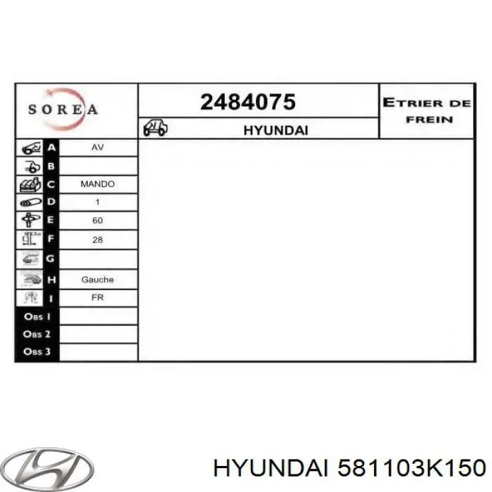 Zacisk hamulcowy przedni lewy Hyundai/Kia 581103K150 cena, od 17,56 USD