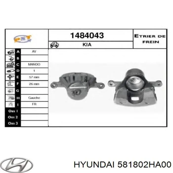 581802HA00 Hyundai/Kia Zacisk hamulcowy przedni lewy