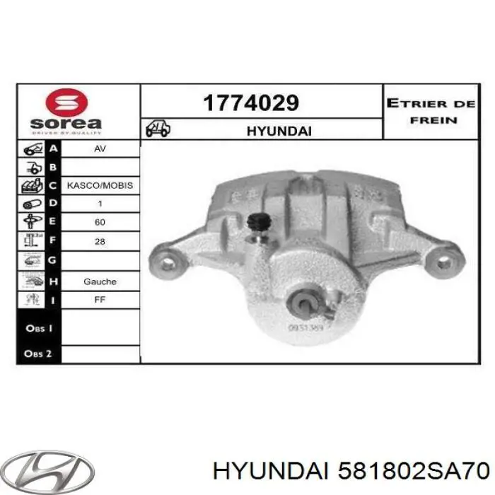 Do koszyka 581802SA70 Hyundai/Kia Zacisk hamulcowy przedni lewy